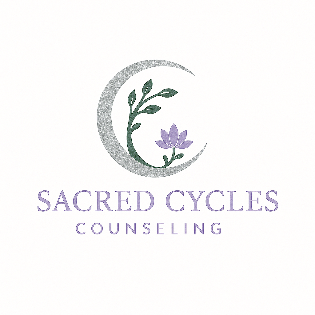 Logo for Sacred Cycles Counseling featuring a stylized crescent moon with a plant and flower inside, in shades of purple, green, and gray.