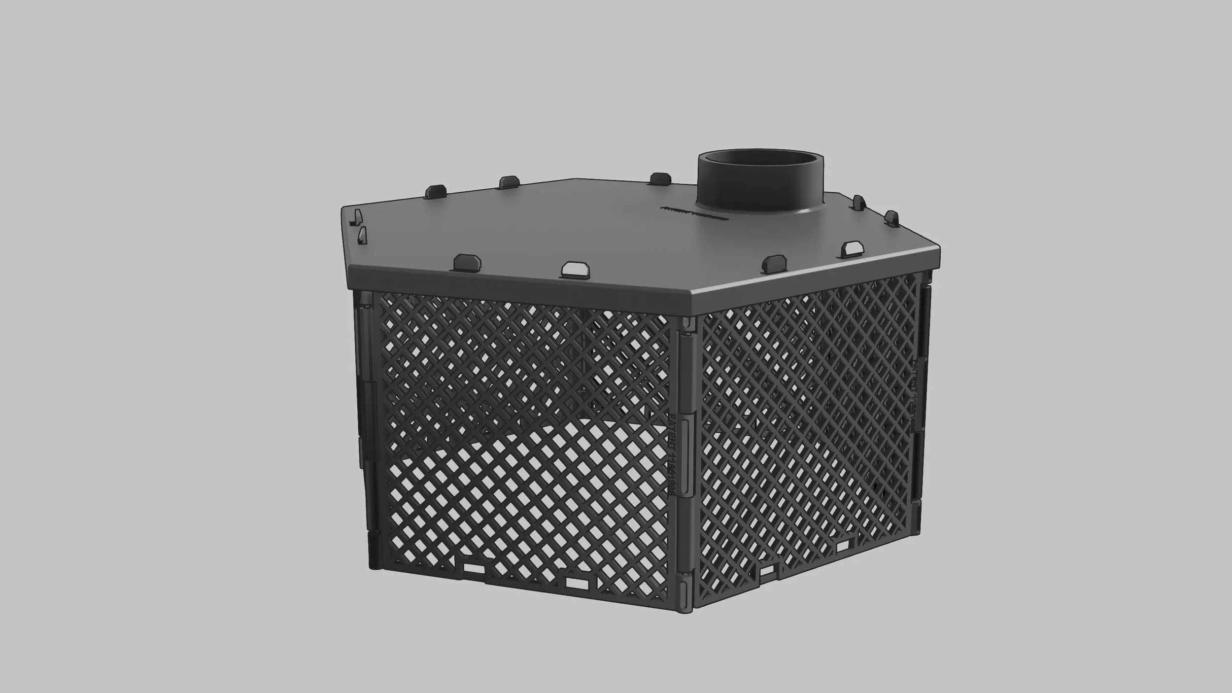 Black plastic crate with a solid top and a circular opening, designed for transporting and storing items.
