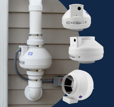 Image showing HVAC or ventilation system components, including a large duct, a fan, and control units mounted on a building exterior wall.