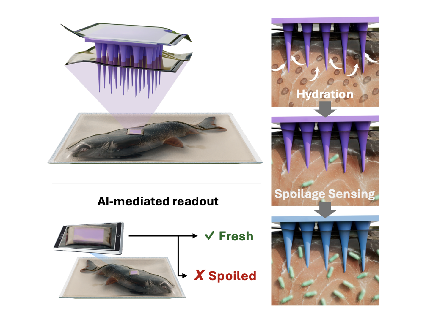 Diagram showing AI-mediated reading of fish freshness through microbial activity detection. It illustrates a process with three steps: hydration, spoilage sensing, and spoilage detection. The image includes a fish with a sensor attached, a smartphone scanning the fish, and a comparison between fresh and spoiled fish based on microbial presence.