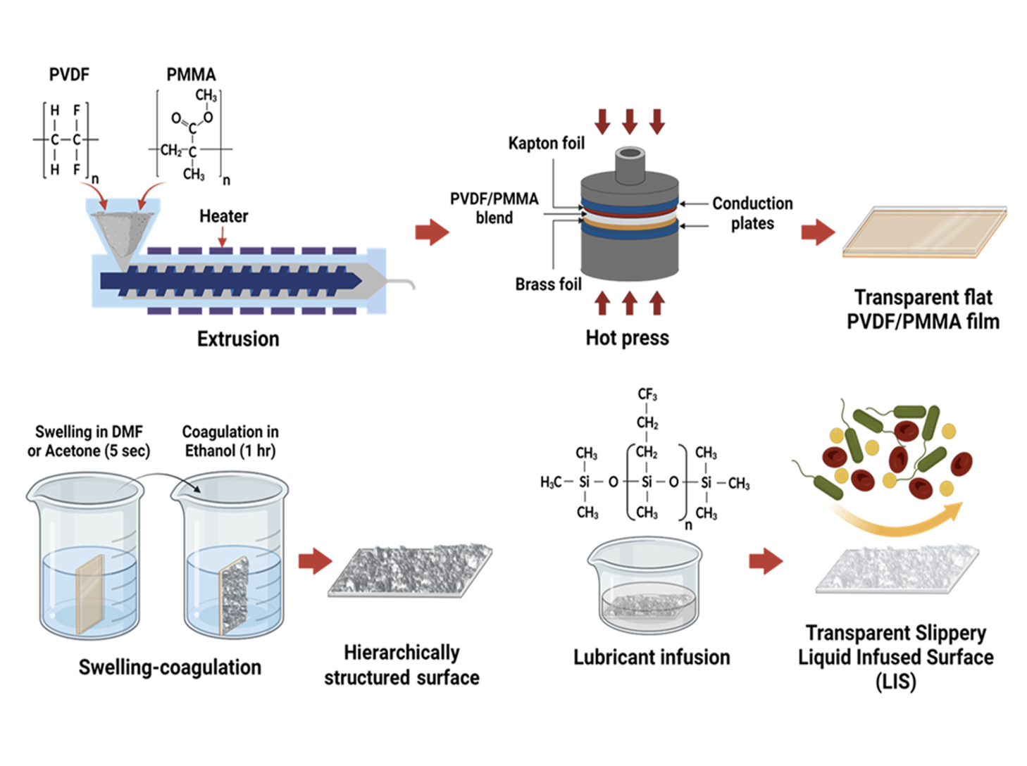 A scientific process diagram showing four stages: extrusion of polymer blends, hot pressing into transparent PVDF/PMMA film, swelling and coagulation of a surface to create a hierarchically structured surface, and lubricant infusion resulting in a transparent slippery liquid-infused surface (LIS).