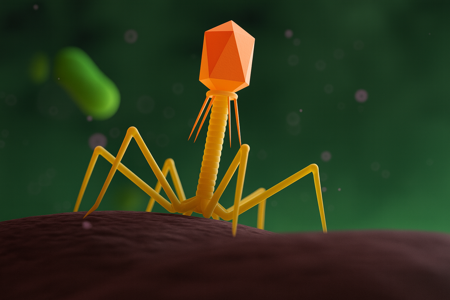 A digital illustration of a virus with a geometric orange head, a yellow segmented body, and long yellow legs, standing on a dark surface against a green background with blurry particles.