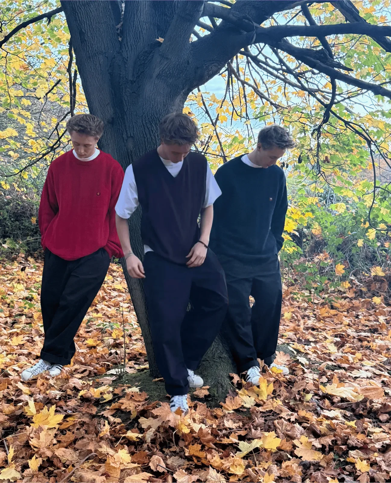 Heritage and vintage Chaps jumpers, back to back: Red sweatshirt, navy sweatshirt, brown vest sweater.