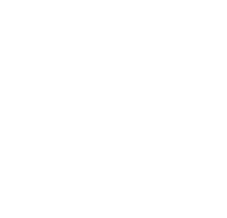 A stylized white geometric building icon on a black background.