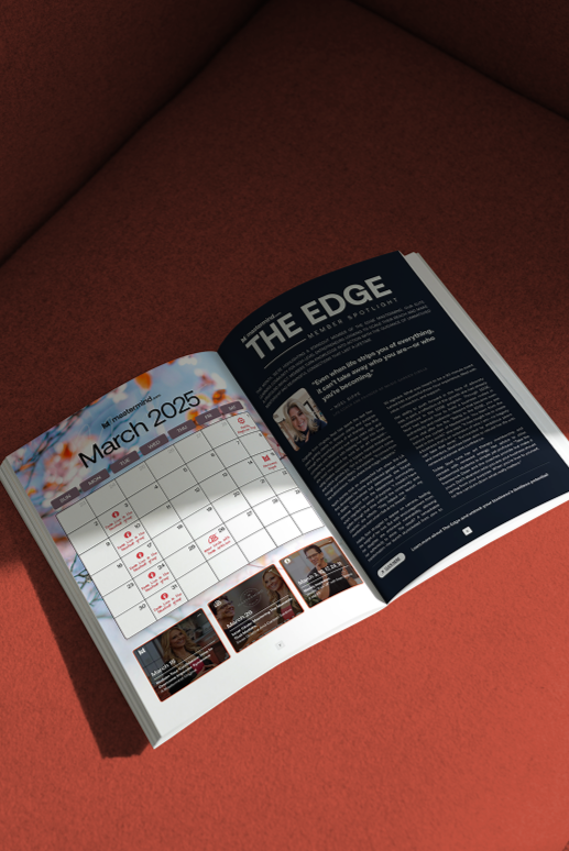 Open magazine on a red surface showing a calendar for March 2025 and an article titled 'The Edge'.