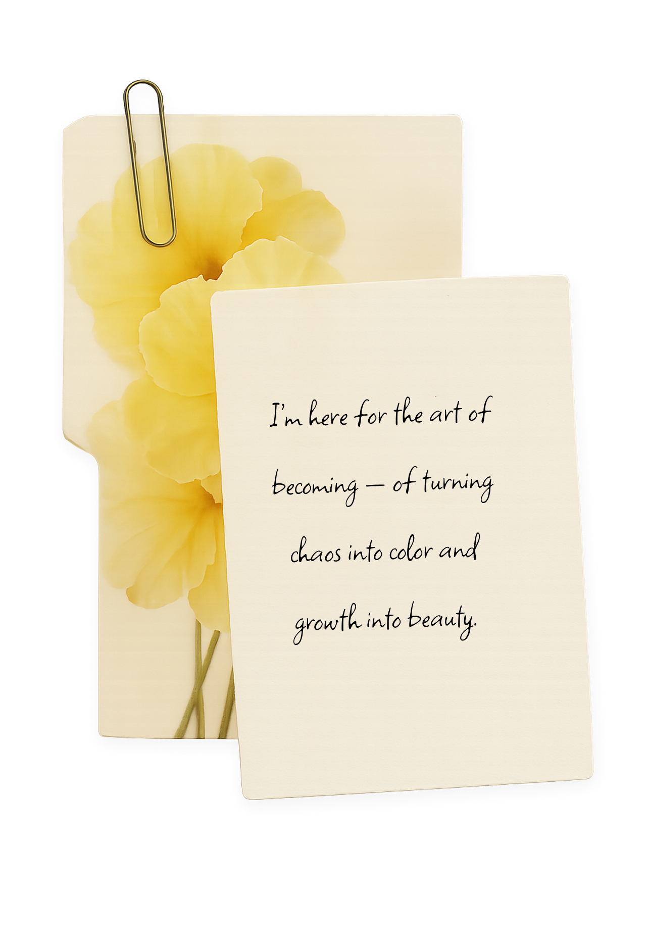 A set of two note cards, with the front card displaying a quote about transformation and beauty, attached with a gold paperclip to a background of yellow flowers.