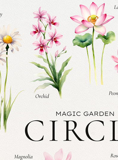 Illustrations of various garden flowers including orchid, lotuses, daisy, and magnolia, with labels.