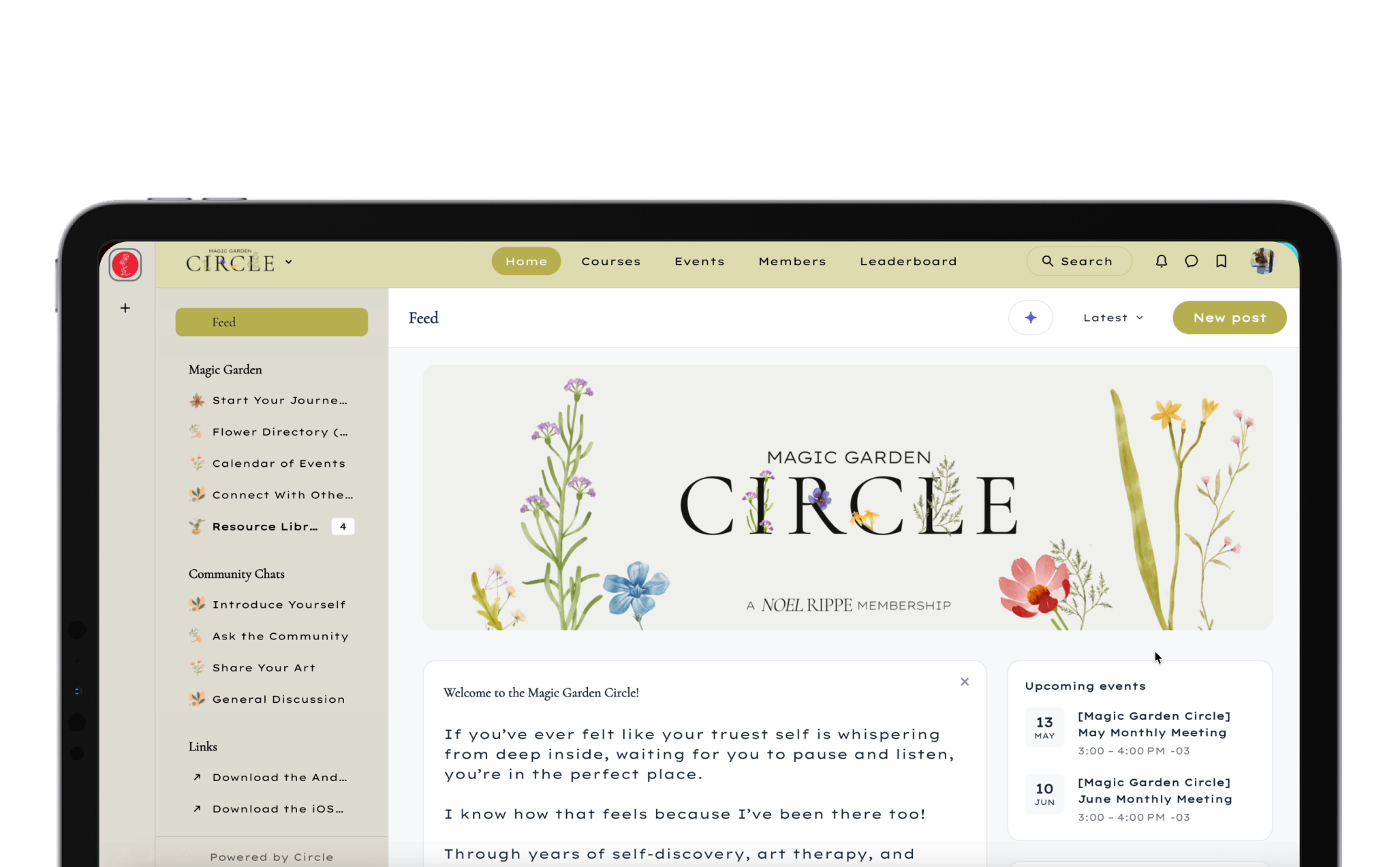 Screenshot of a website homepage titled "Magic Garden Circle" with floral decorations, navigation menu, search bar, and upcoming events listed.