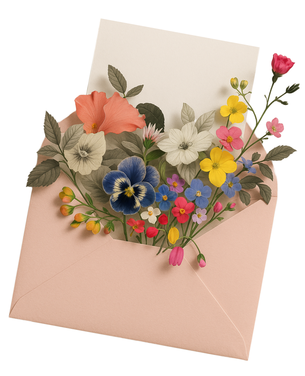 A pink envelope with a bouquet of colorful flowers inside, including blue, yellow, pink, white, and peach blooms.