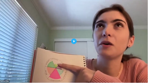 Young woman with brown hair and pink sweater holding a notebook with a pie chart and pointing to it in a room with green walls and blinds.