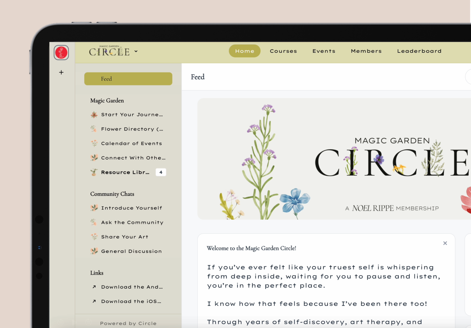 Screenshot of a website titled Magic Garden Circle with a navigation menu including Home, Courses, Events, Members, and Leaderboard. The site features a floral illustration and a welcome message about self-discovery, art therapy, and community engagement.