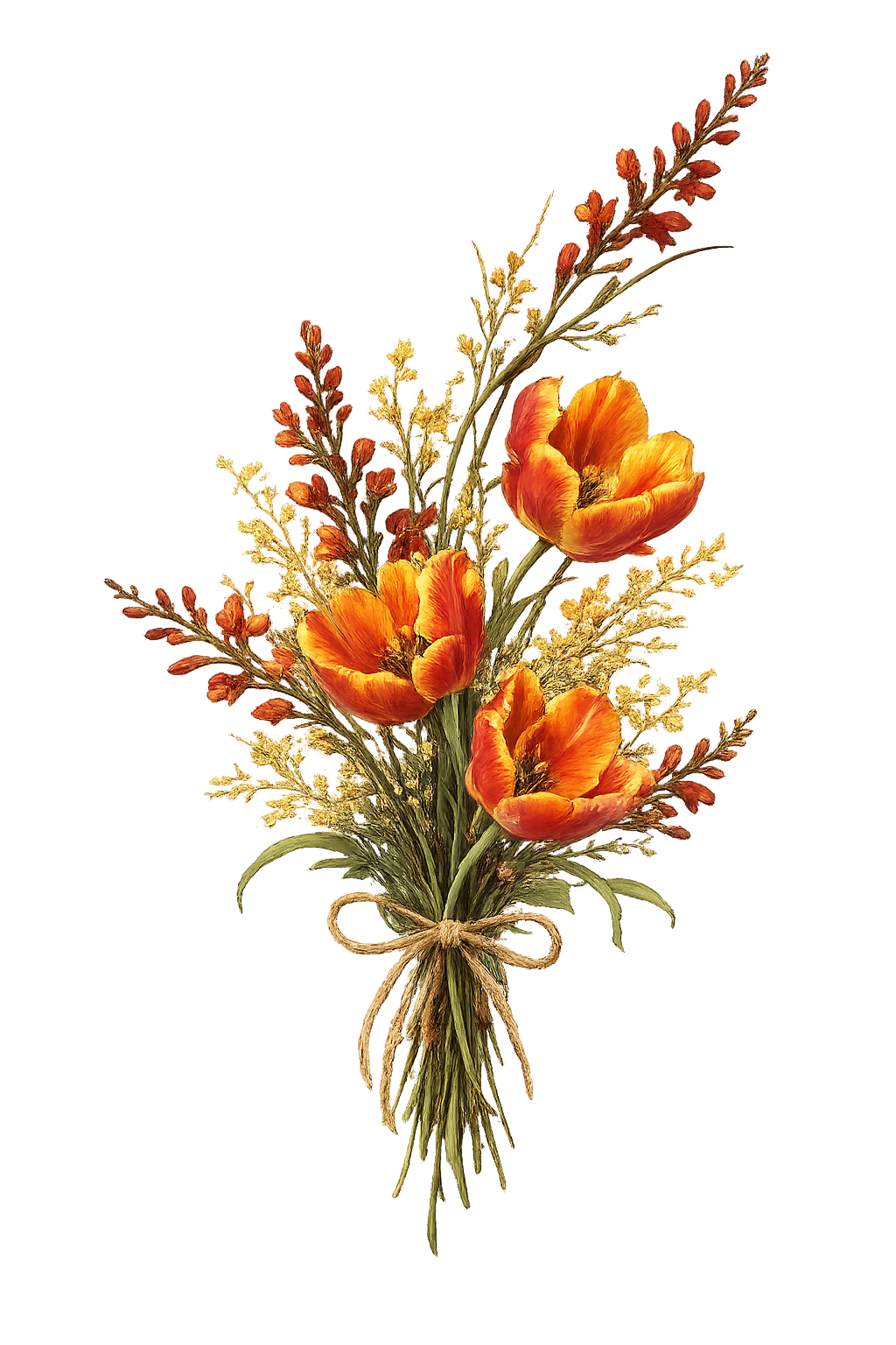 A digital painting of a bouquet of orange pops of flowers with green leaves, tied with a beige string, and a glowing yellow background.
