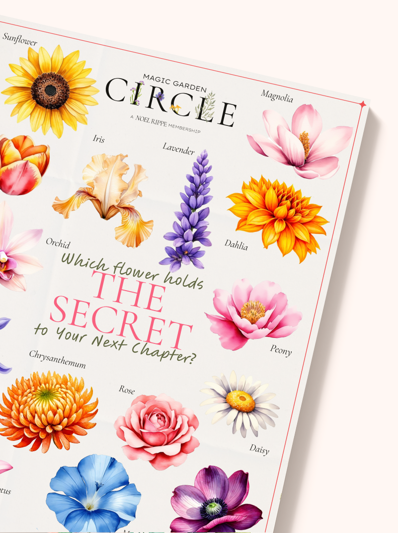 A floral chart titled 'Circle' with various flower illustrations and names, including sunflower, magnolia, iris, lavender, orchid, dahlia, peony, chrysanthemum, rose, daisy, and lotus, with the subtitle 'Which flower holds the secret to your next chapter?'