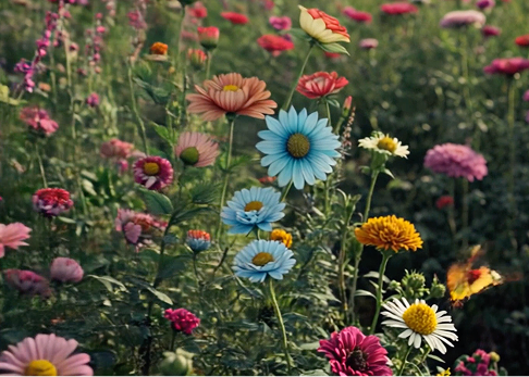 Colorful garden with various types of blooming flowers, including daisies, marigolds, and zinnias, in different colors like pink, yellow, white, and blue.