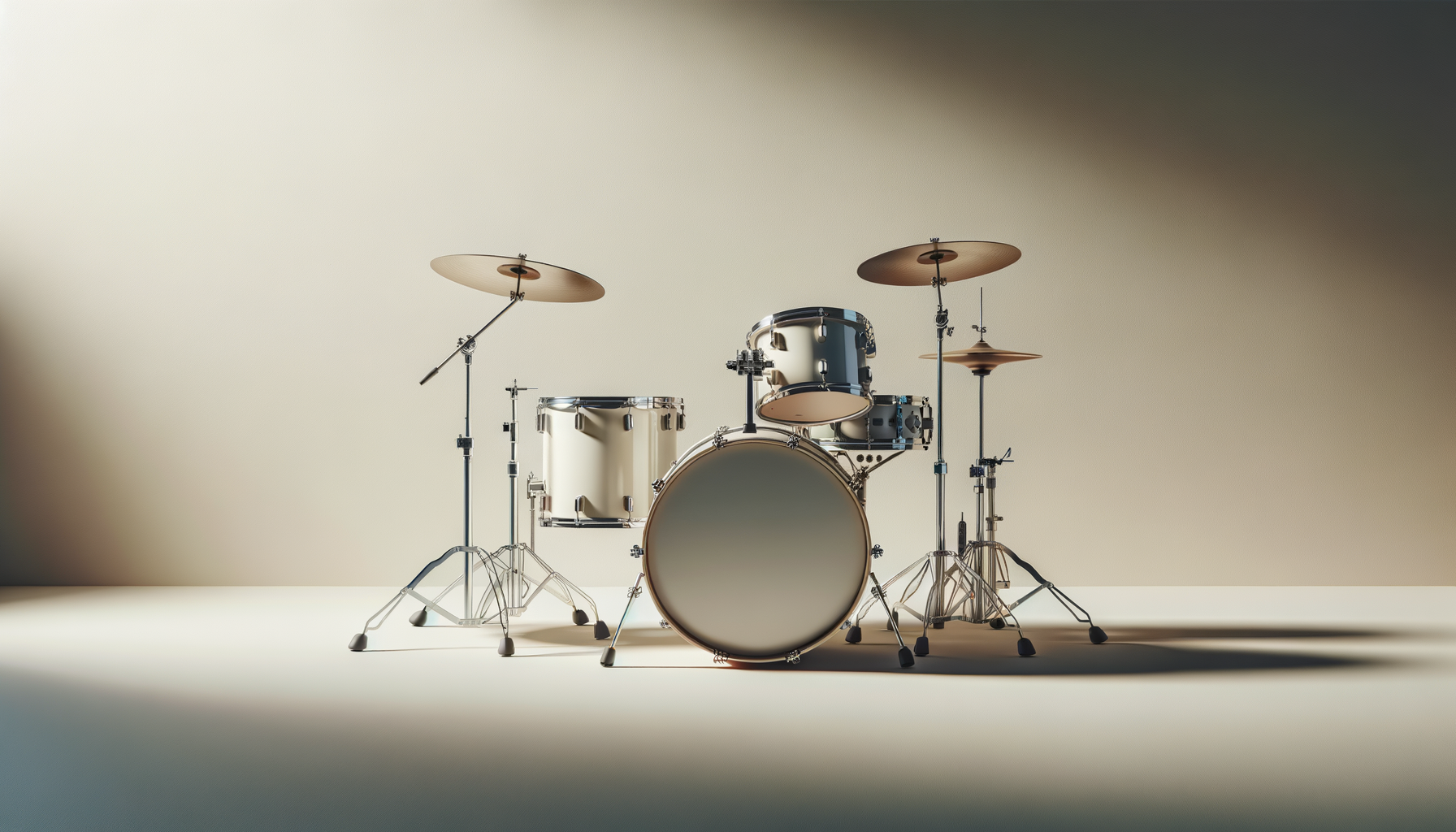 A drum set with a bass drum, snare drum, mounted toms, and cymbals against a plain beige background.