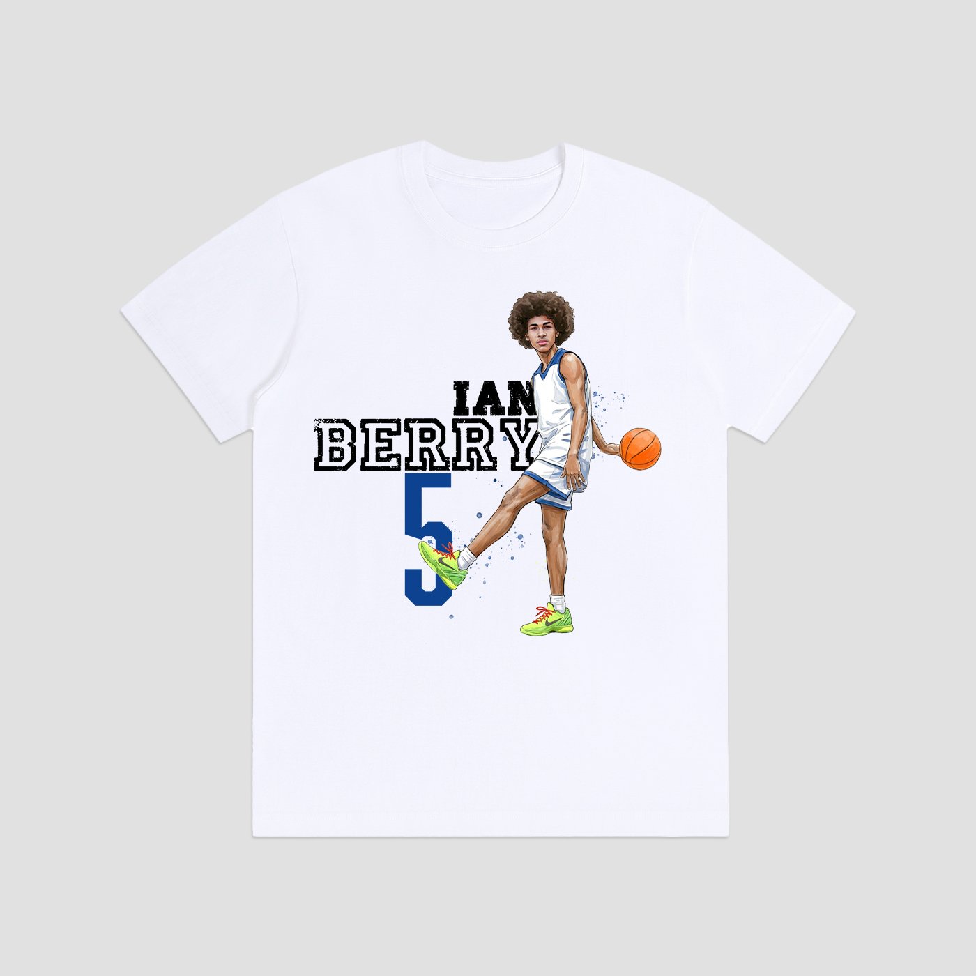 navy shirt with custom basketball design hanging on black rail