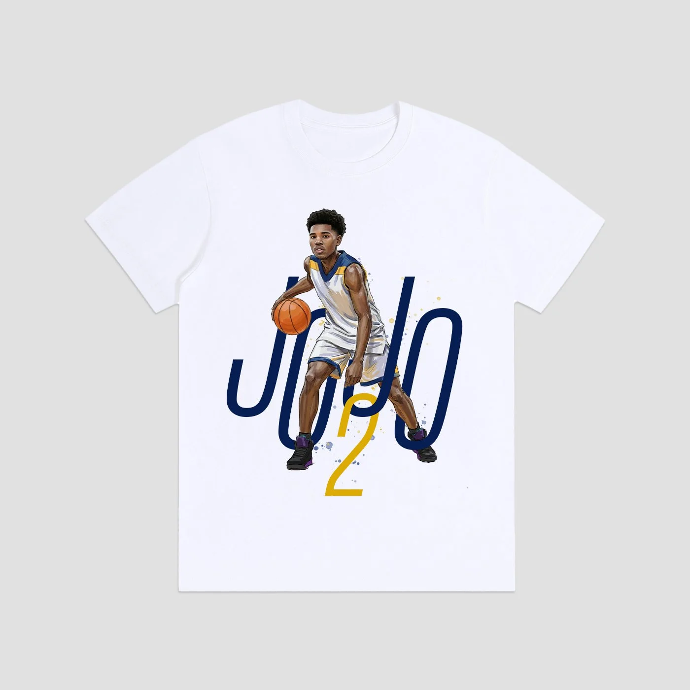 black shirt with custom basketball design hanging on black rail