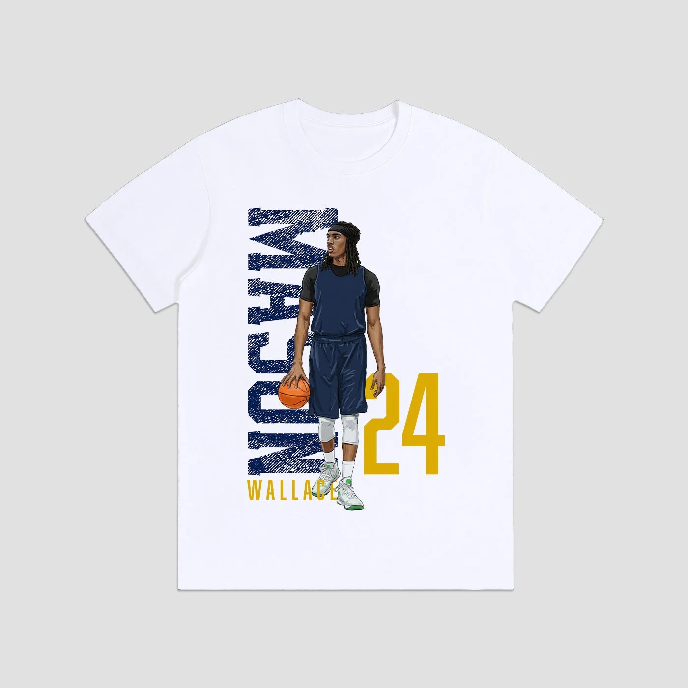 White T-shirt featuring a digital illustration of a male basketball player carrying a ball, with the text 'WALLACE' and the number 24 in bold yellow.