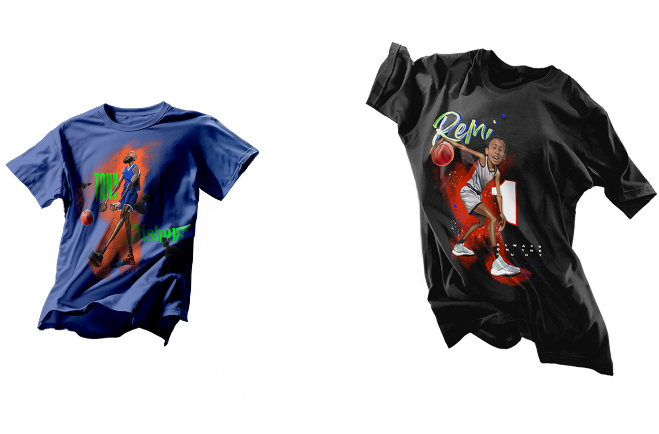 Two colorful graphic t-shirts featuring athletes playing basketball, with vibrant backgrounds and stylized text displaying the names Tony Bishop and Remi.