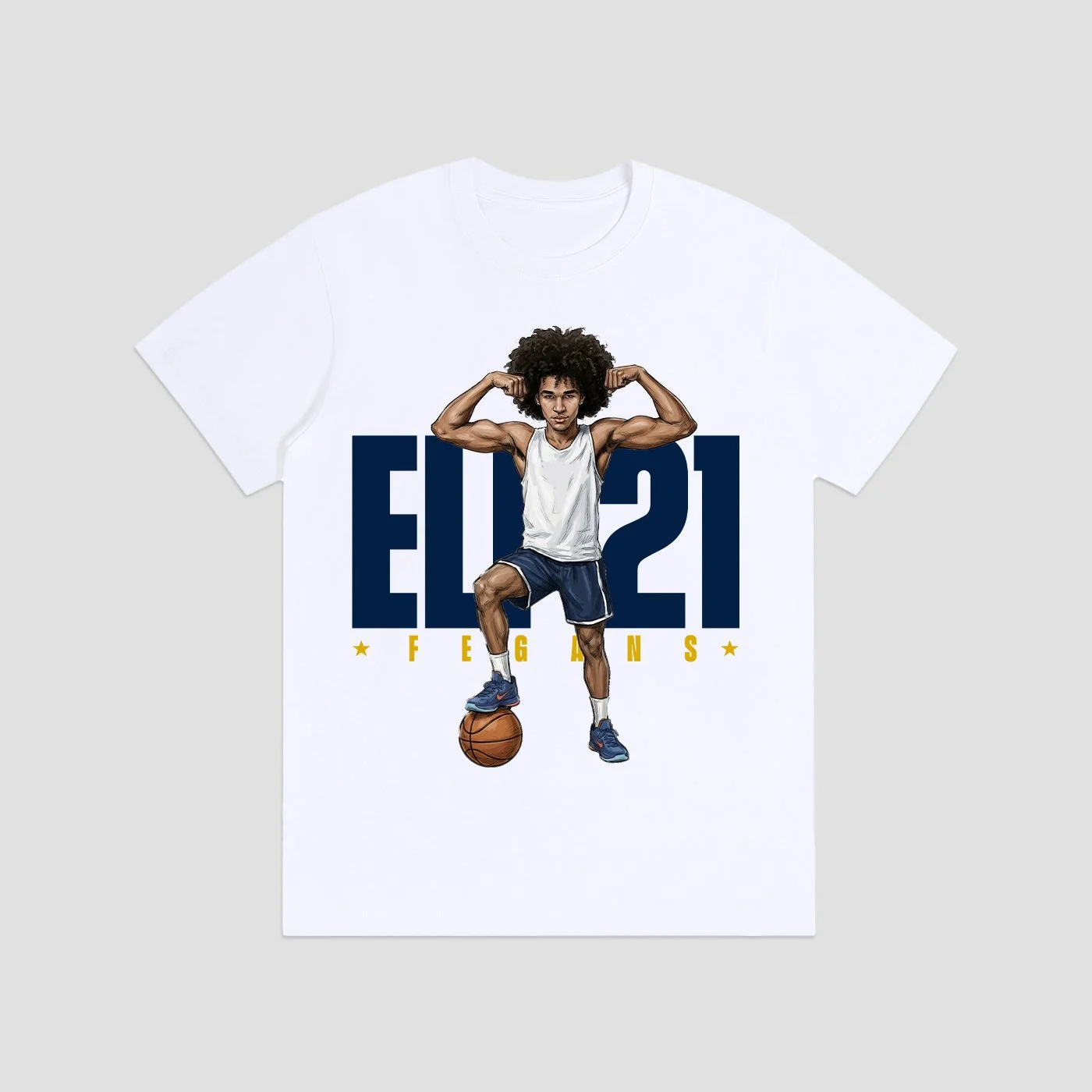 white shirt with custom basketball design hanging on black rail