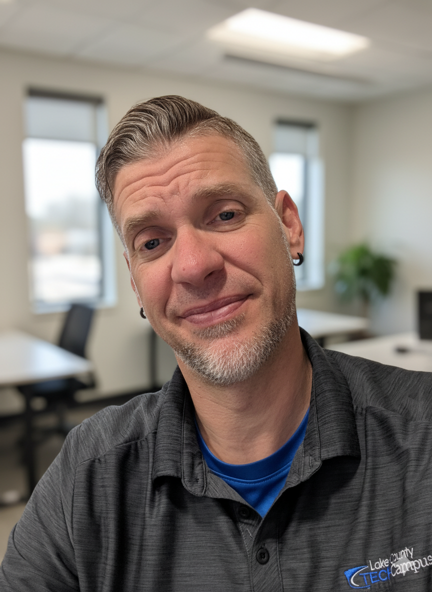 A man with short gray hair, a goatee, and earrings taking a selfie in an office with windows, desks, and a plant in the background.