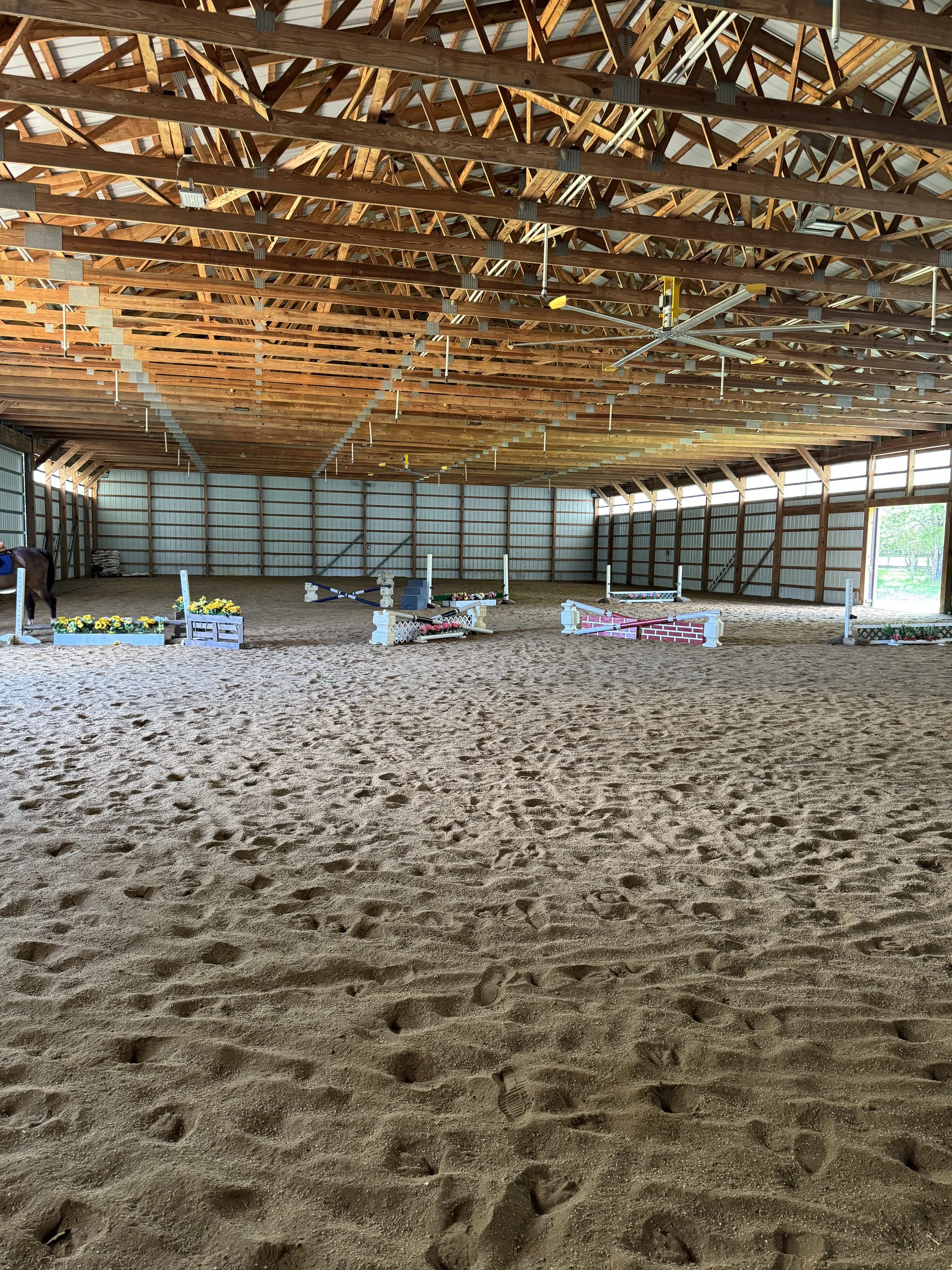 Indoor horse riding arena with a dirt floor, wooden ceiling with exposed beams, and agility obstacles set up for training or competitions.