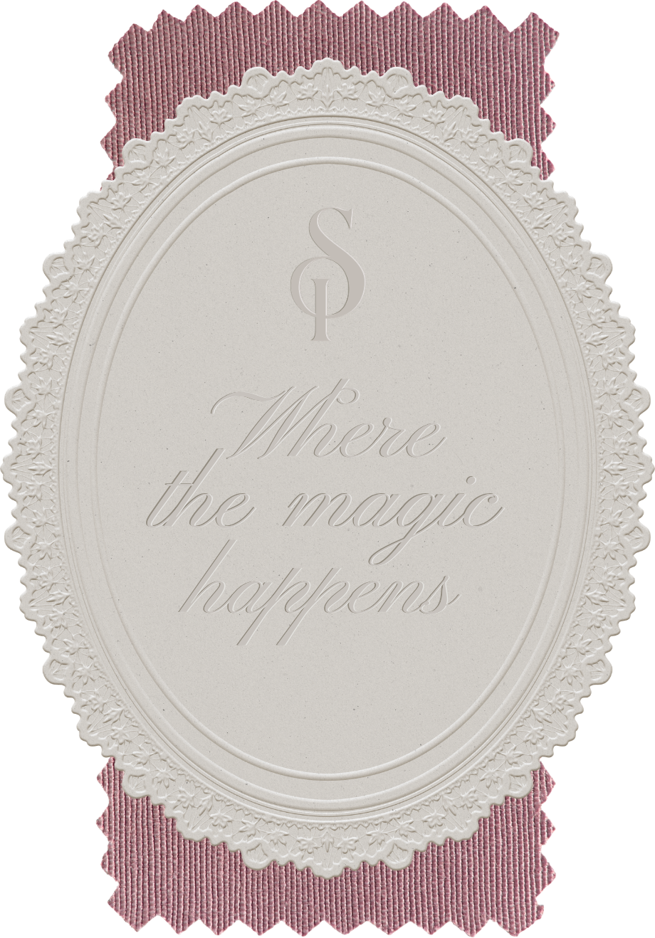 Embossed ornate paper with the brand's logo and text that reads: "Where the magic happens."