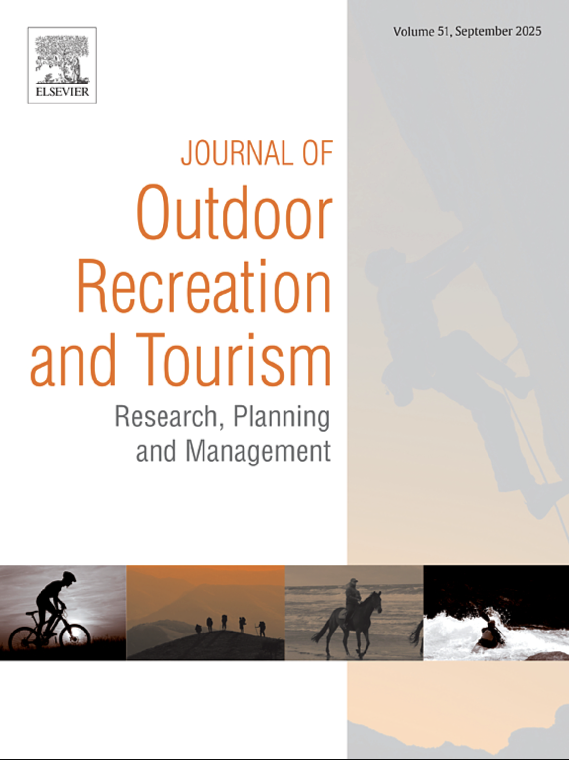 Cover of the Journal of Outdoor Recreation and Tourism, Volume 51, September 2025, featuring a montage of outdoor activities including cycling, hiking, horseback riding, and kayaking.