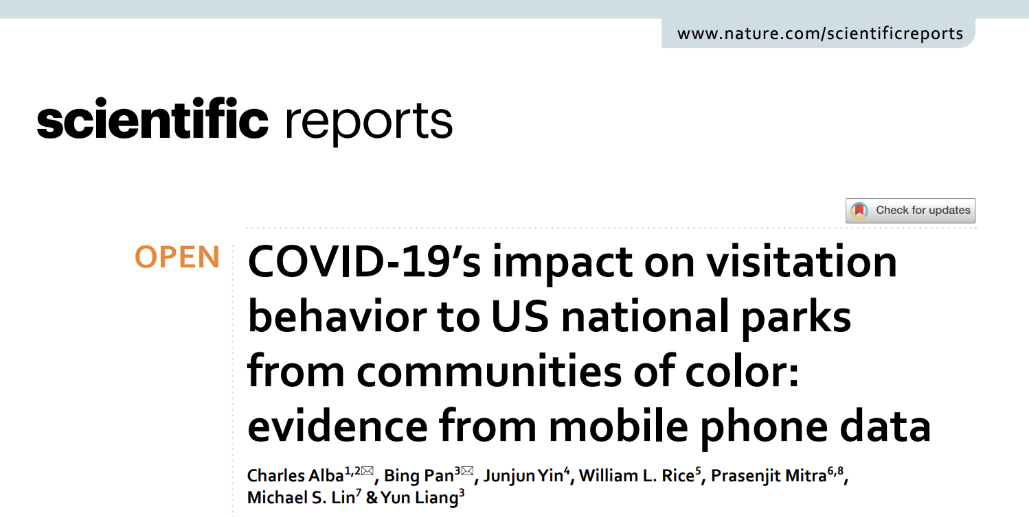 Screenshot of a scientific article titled "COVID-19's impact on visitation behavior to US national parks from communities of color: evidence from mobile phone data" published by Nature. The page shows the title, author names, and publication details.