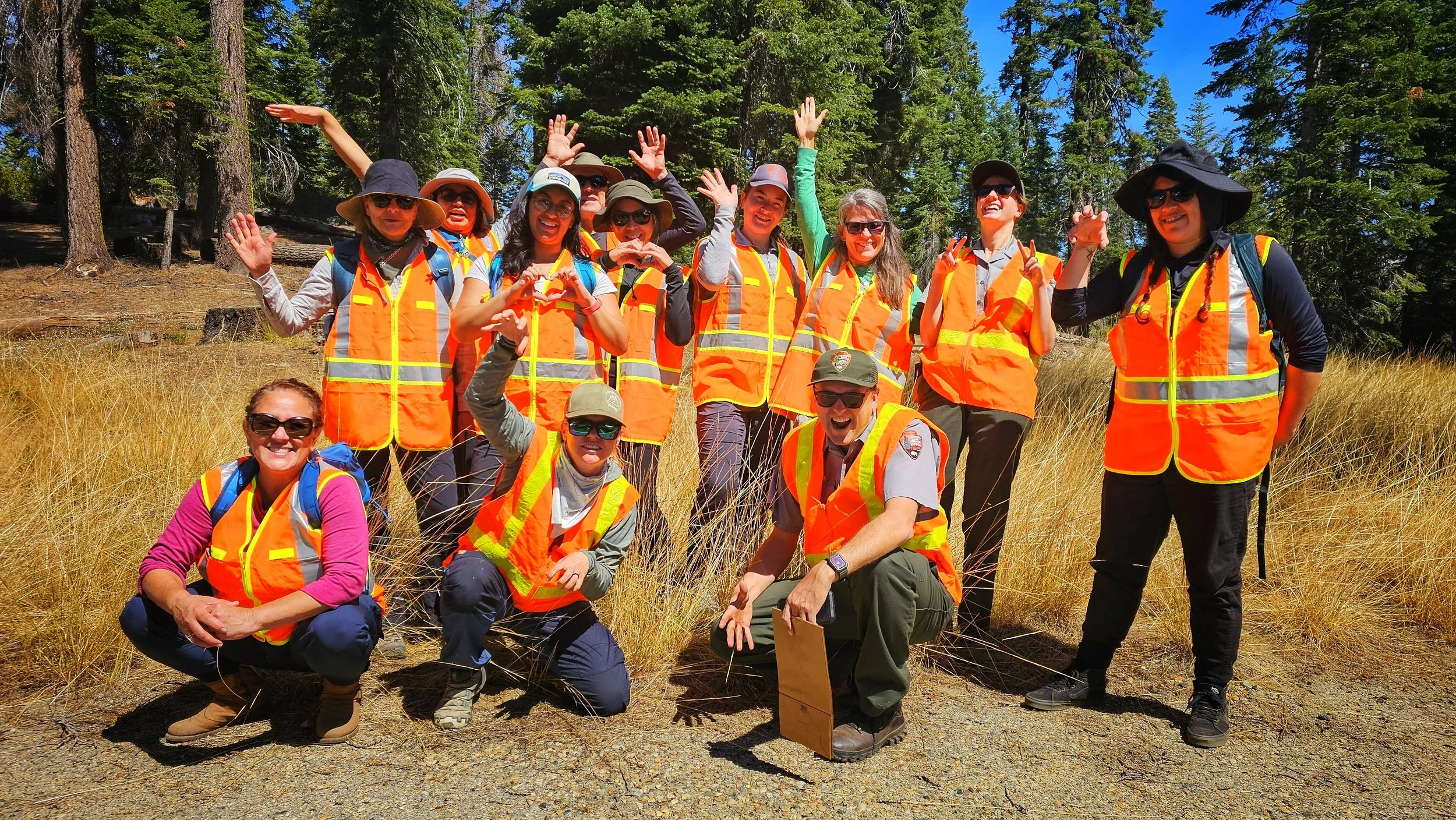Group of people in orange safety vests posing in a forest clearing with tall trees and dry grass, some making peace signs and heart shapes, under a clear blue sky.