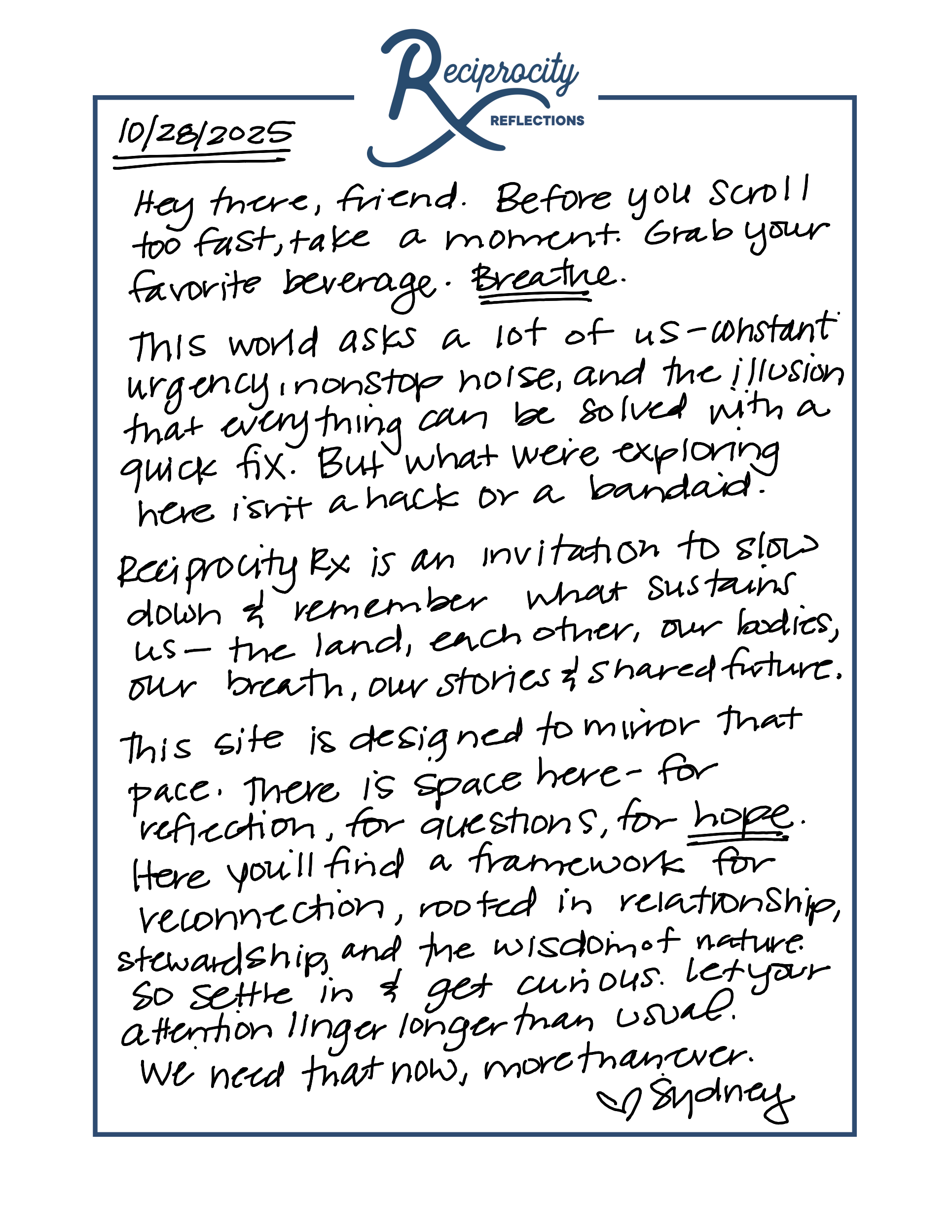 a handwritten letter from sydney, welcoming website visitors to a slower pace
