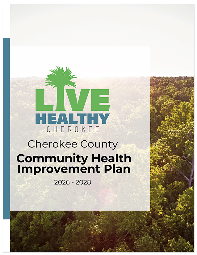 Cover page of the Cherokee County Community Health Improvement Plan for 2026-2028 with a background of a forest and a white box containing the plan title.
