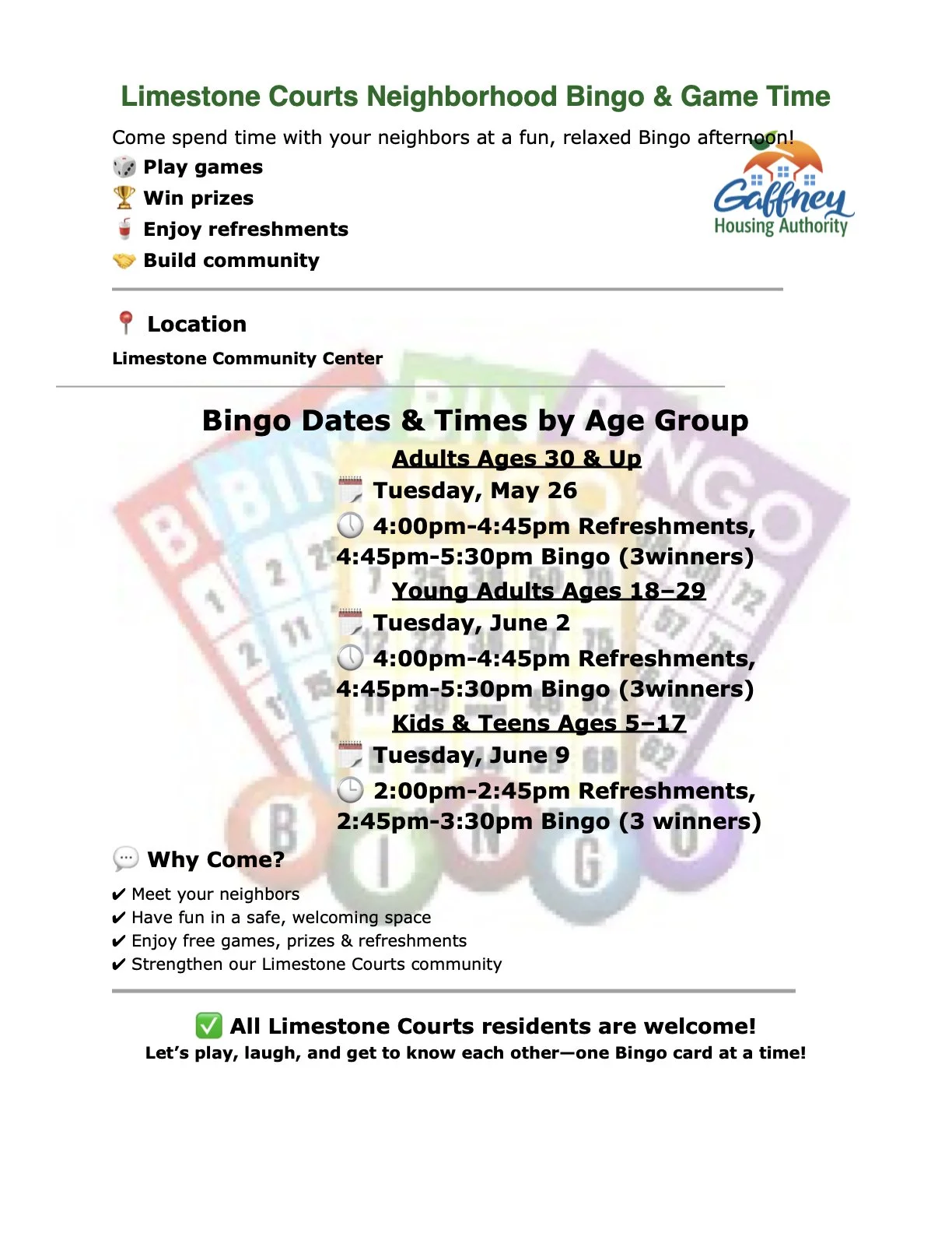 Limestone Courts Neighborhood Kids and Teens Bingo Night