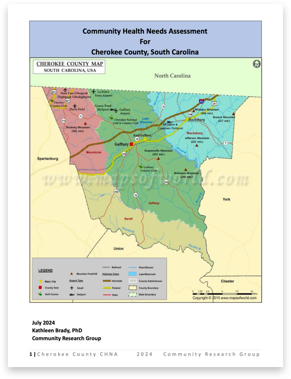 Map of Cherokee County, South Carolina, showing community health needs assessment regions, major roads, rivers, and landmarks, with a legend for symbols and colors.