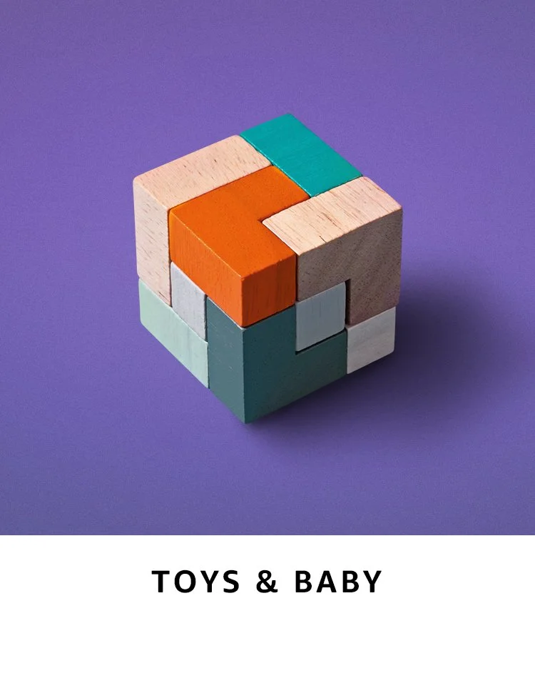 Colorful wooden puzzle cube on purple background with caption "Toys & Baby".