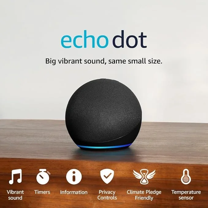 Amazon Echo Dot smart speaker displayed on a wooden surface with feature icons below, including vibrant sound, timers, information, privacy controls, climate pledge friendly, and temperature sensor.