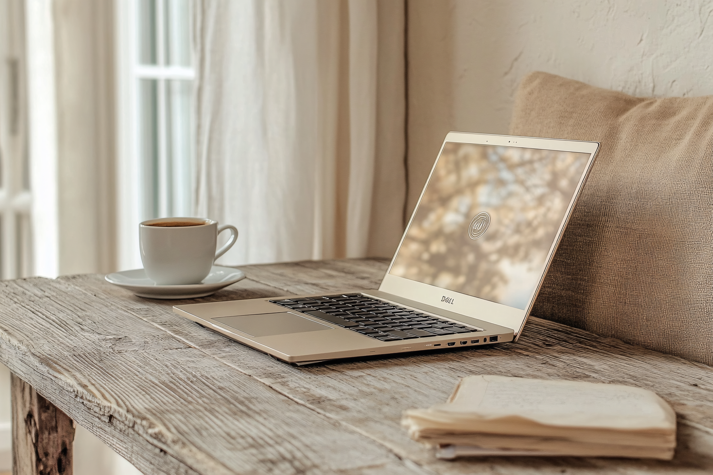 A silver laptop on a rustic wooden table with a white cup of coffee on a saucer, and a stack of papers, in a cozy room with natural light and beige curtains.