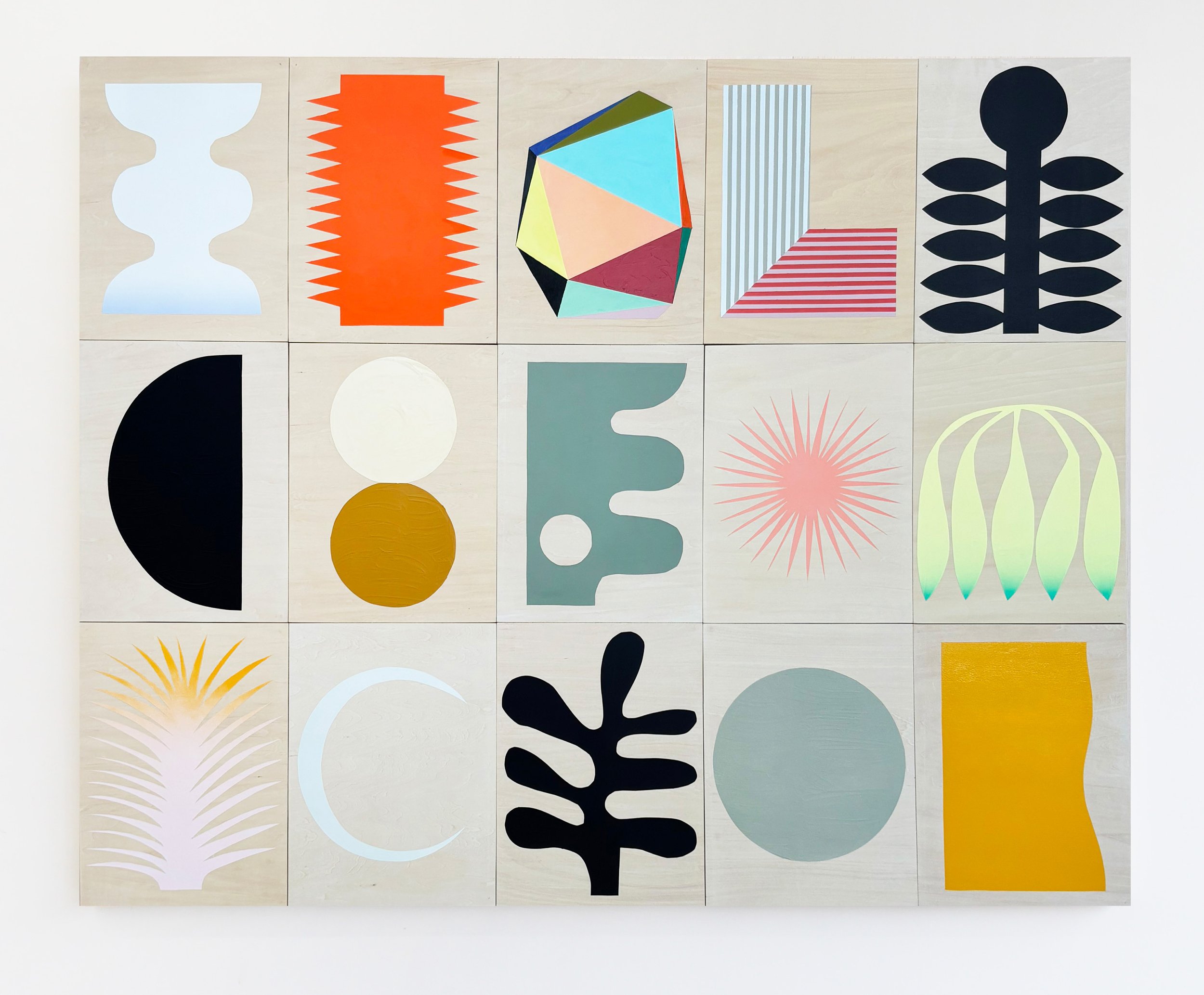 A colorful abstract art piece with 15 panels featuring various geometric shapes, lines, and patterns in bright and muted colors.