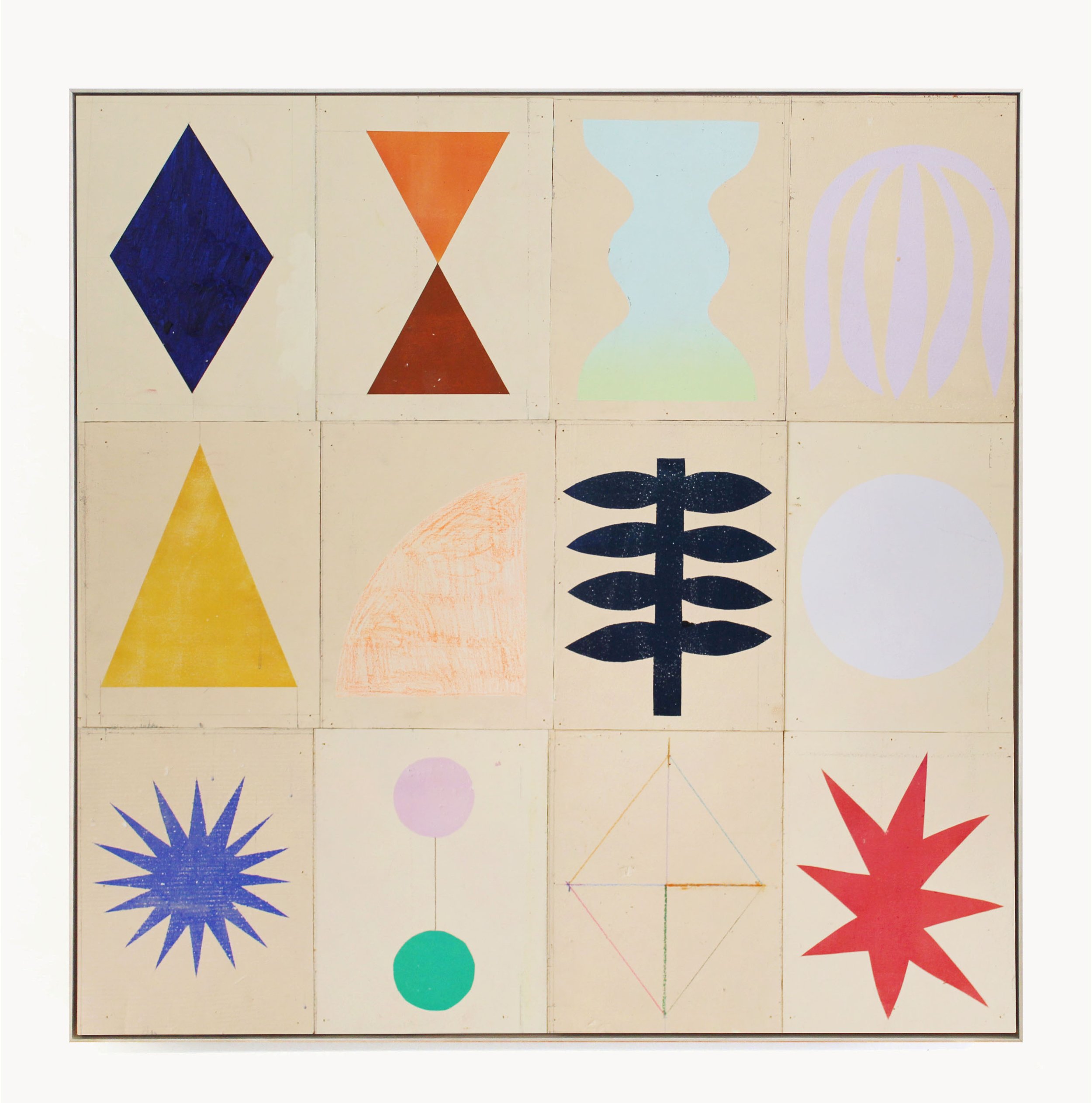 A grid of twelve abstract geometric shapes, including diamonds, triangles, circles, and other figures, painted in various colors on a light background.