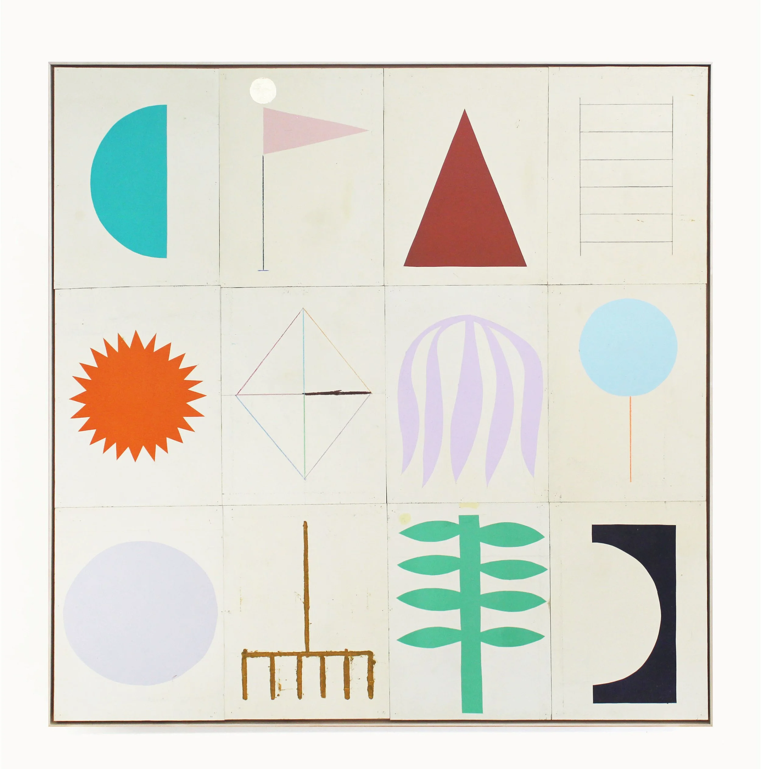 A grid of twelve colorful abstract geometric shapes, including circles, triangles, and lines, arranged in three rows and four columns.