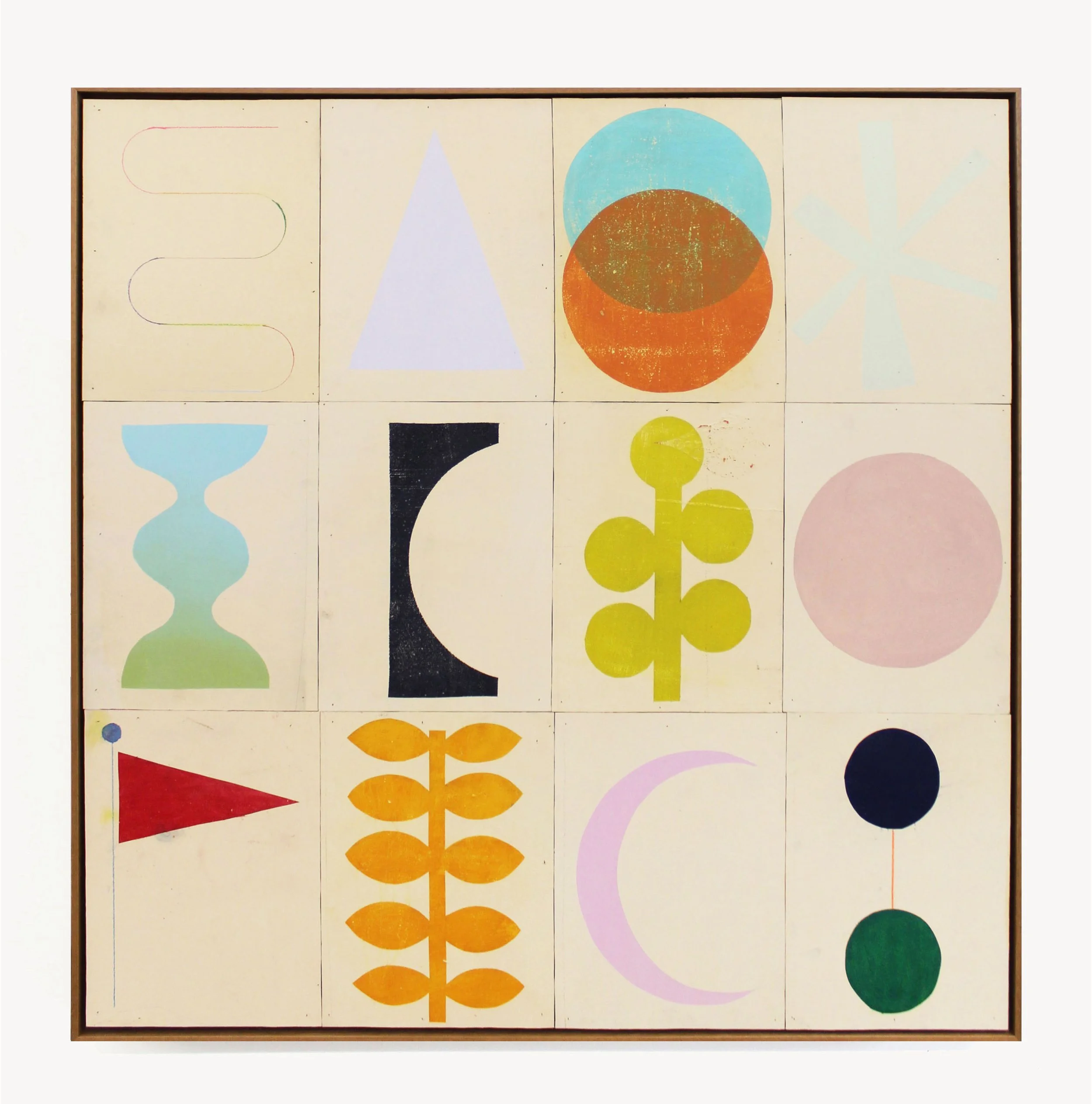 Square grid of colorful, abstract geometric shapes on a white background.