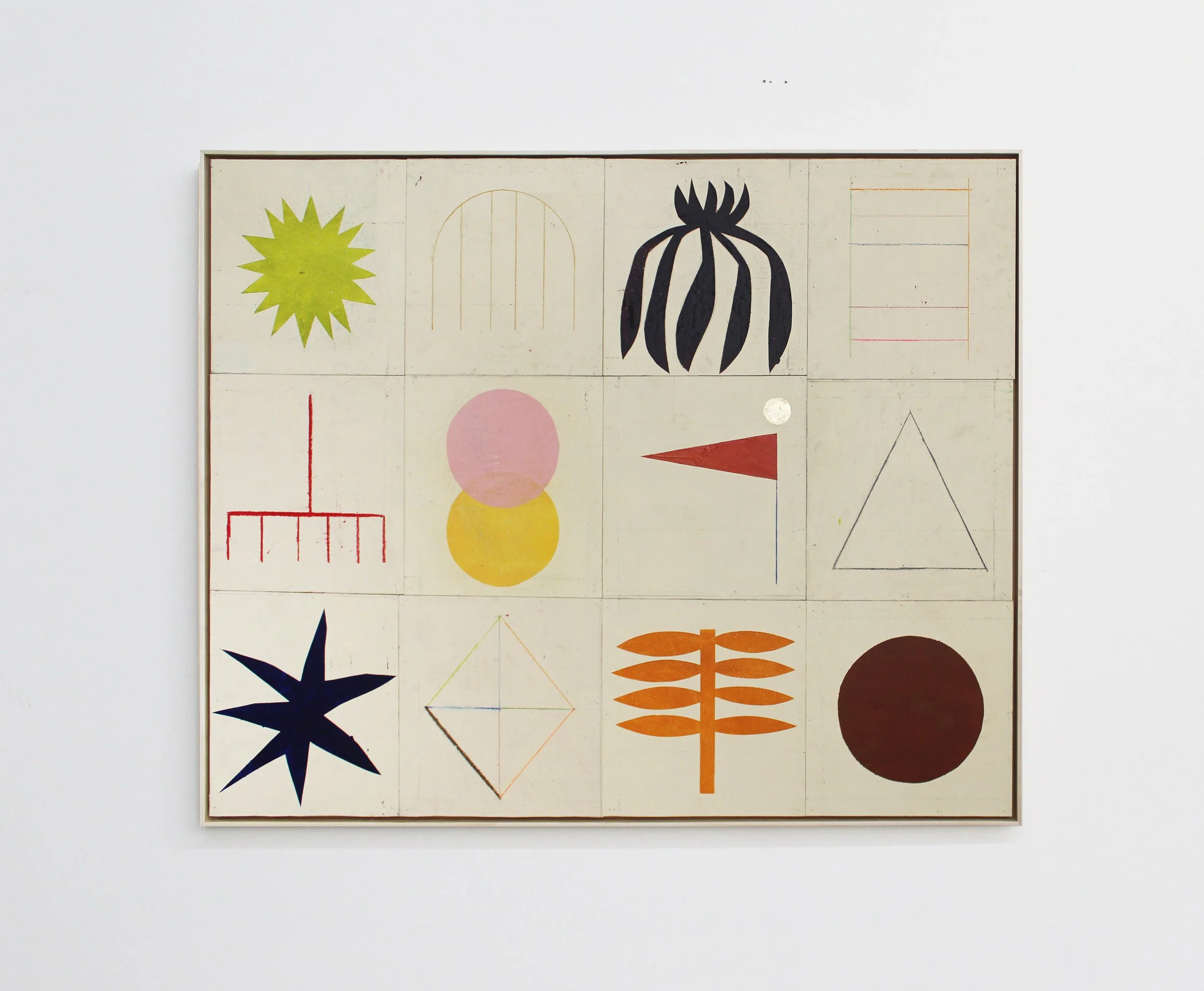 Colorful abstract geometric artwork featuring various shapes such as a yellow starburst, black striped pumpkin, pink and yellow circles, a red triangle, a black star, and a green and orange plant, arranged in a grid on a white background.