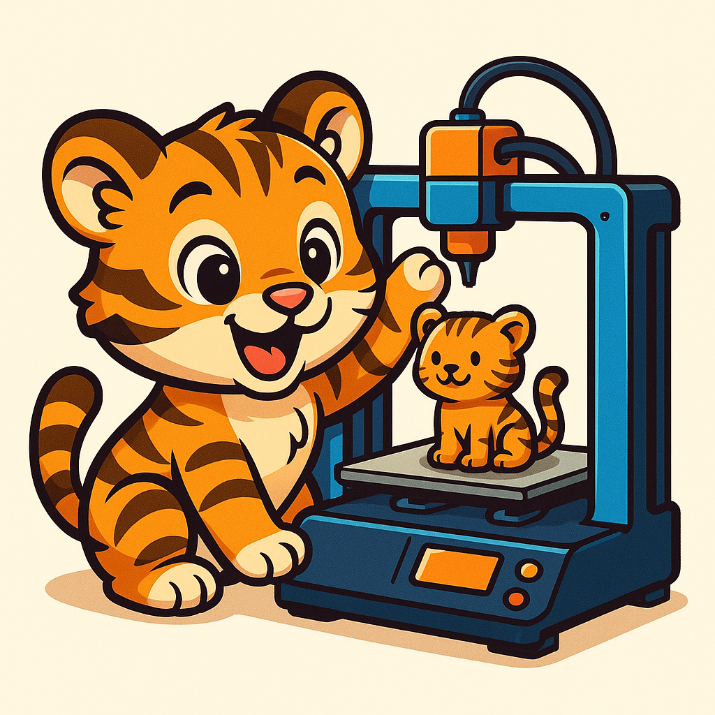 Comig-artiger Tiger arbeitet mit einem 3D-Drucker. Dieser Drucker druckt ein kleines Tigerkätzchen.