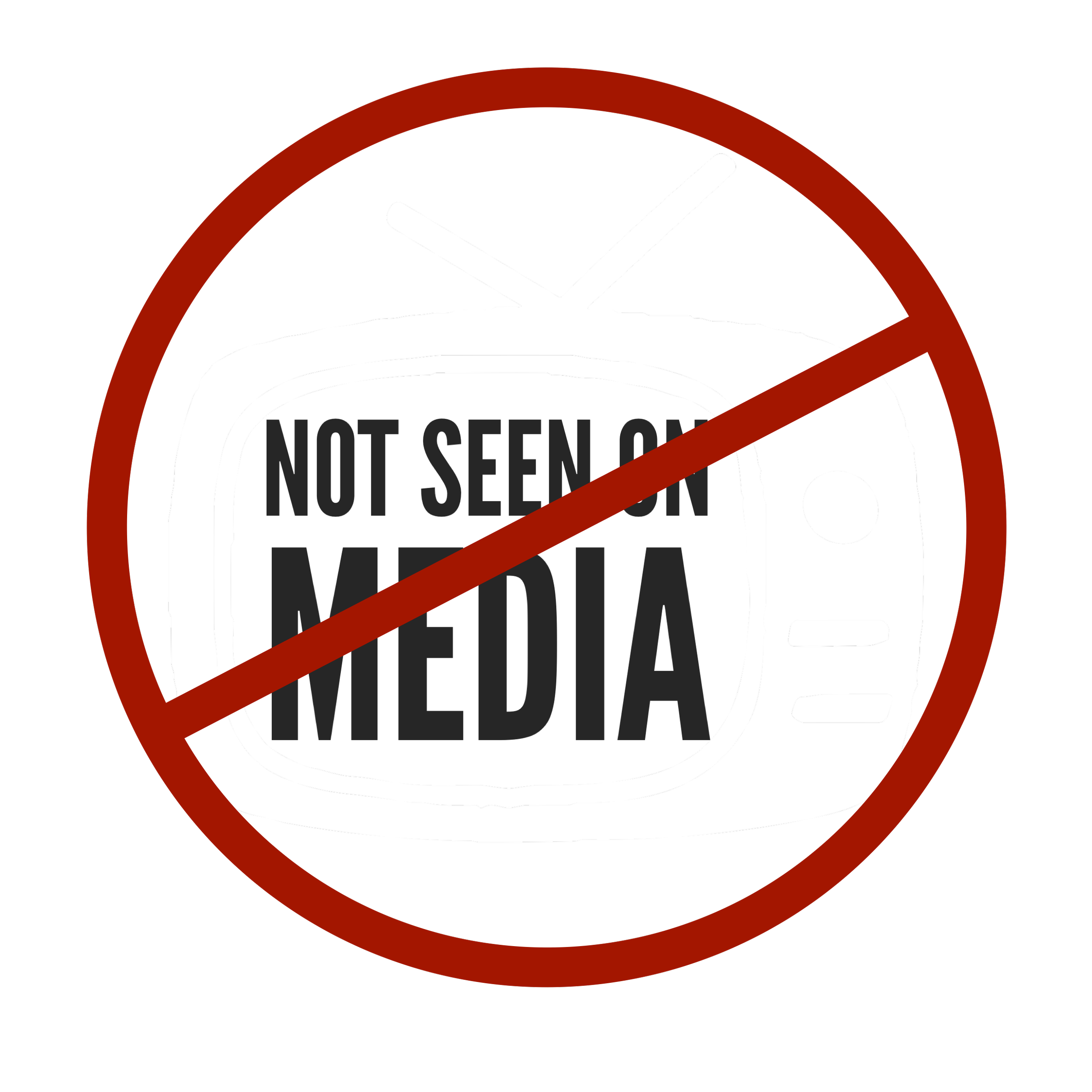 A black background with a white vintage television inside a red circle with a diagonal line, containing the text 'NOT SEEN ON MEDIA'.