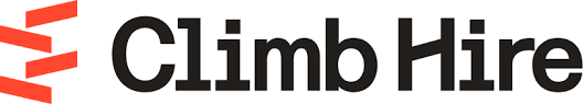 Climb Hire logo with black text and red arrow graphics