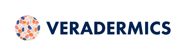 The Veradermics logo with a circular pattern of multicolored shapes and the company name in bold dark blue letters.