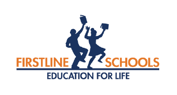 Logo for Firstline Schools with two silhouetted figures dancing and holding books, with the text "Firstline Schools," and the tagline "Education for Life."