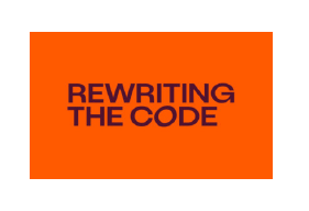 Orange background with black text reading 'Rewriting the Code'