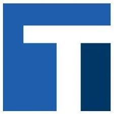 A stylized logo with bold blue shapes forming a letter 'T' with a white horizontal bar crossing it.