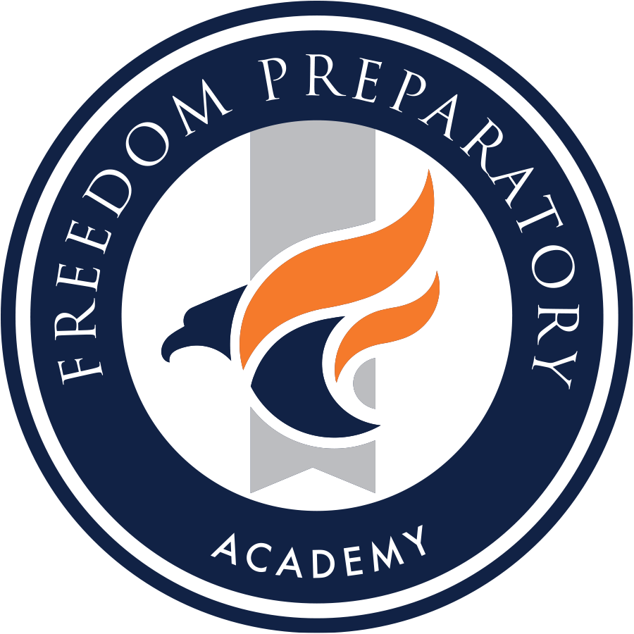 Seal of the Freedome Dom Prepatory Orty Academy with a stylized eagle head and flame in navy blue, white, gray, and orange.